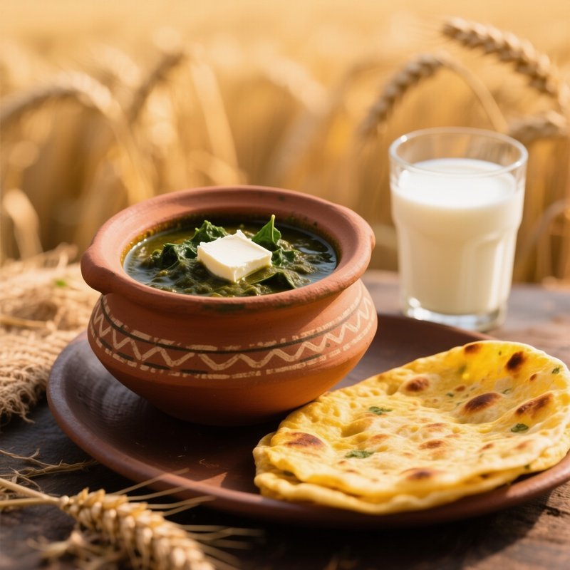 Sarson Ka Saag Clay Pot With Makki Ki Roti And Buttermilk