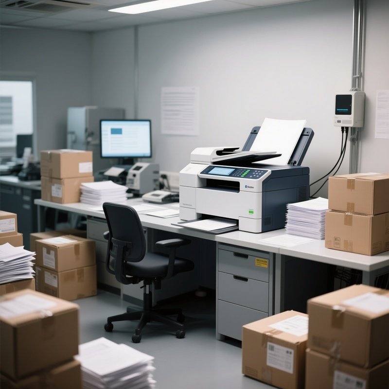 Scanning Station: A Dedicated Workspace With A High Speed Document Scanner, Surrounded By Boxes Of Papers Ready To Be Digitized.
