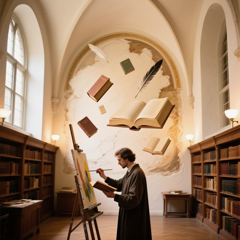 Scholar Artist Brushing Fresco In Library