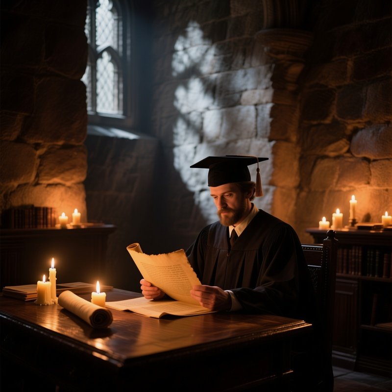 Scholar In Mortarboard Reading Scrolls By Candlelight