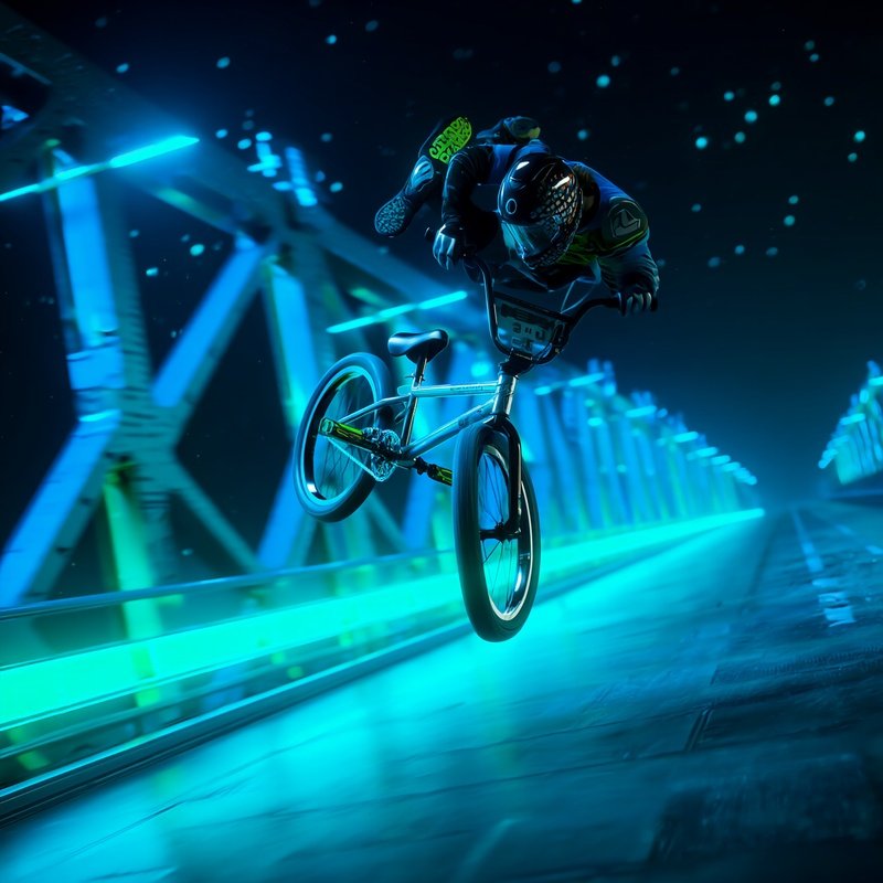 Sci Fi Bmx Rider Comet Flux Flipping Over Bridge At Dawn