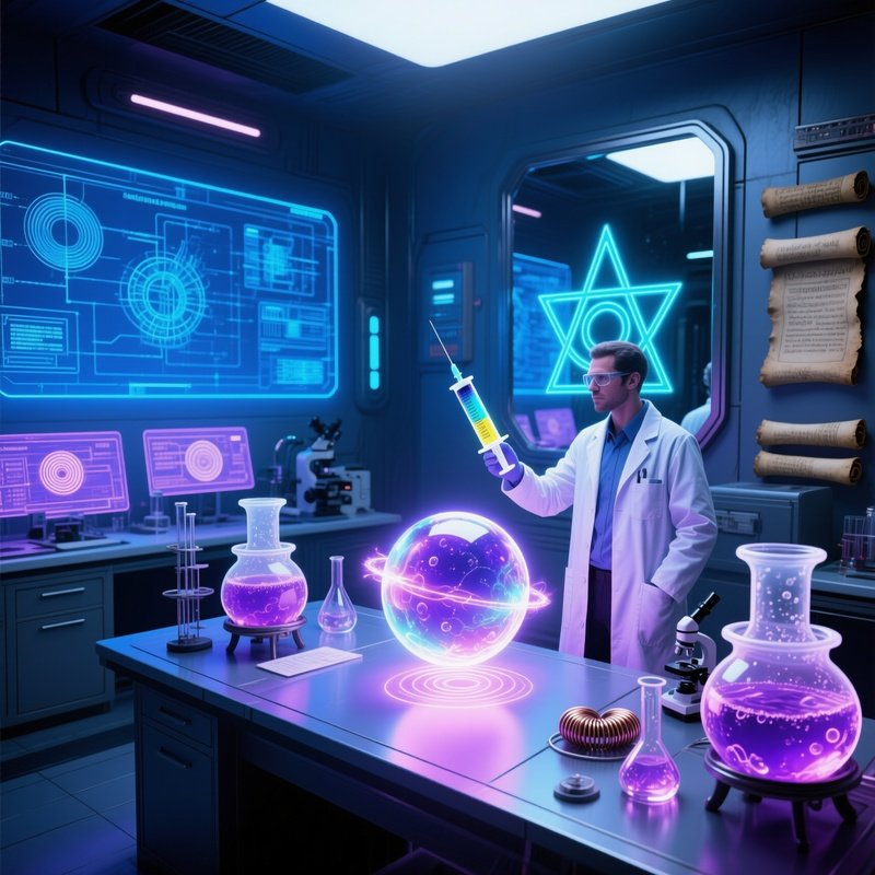 Science Alchemy Medicine Magical Lab With Modern Instruments