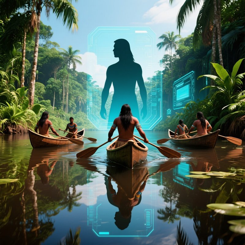 Science Fiction Amazonian Tribespeople Paddling Mirrored River