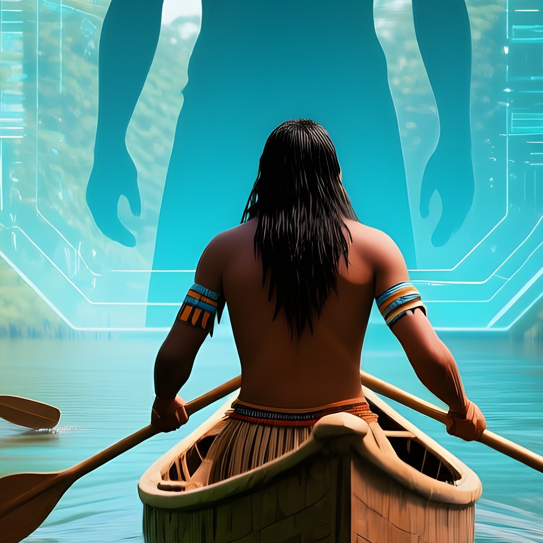 Science Fiction Amazonian Tribespeople Paddling Mirrored River - Full Resolution Quality Preview