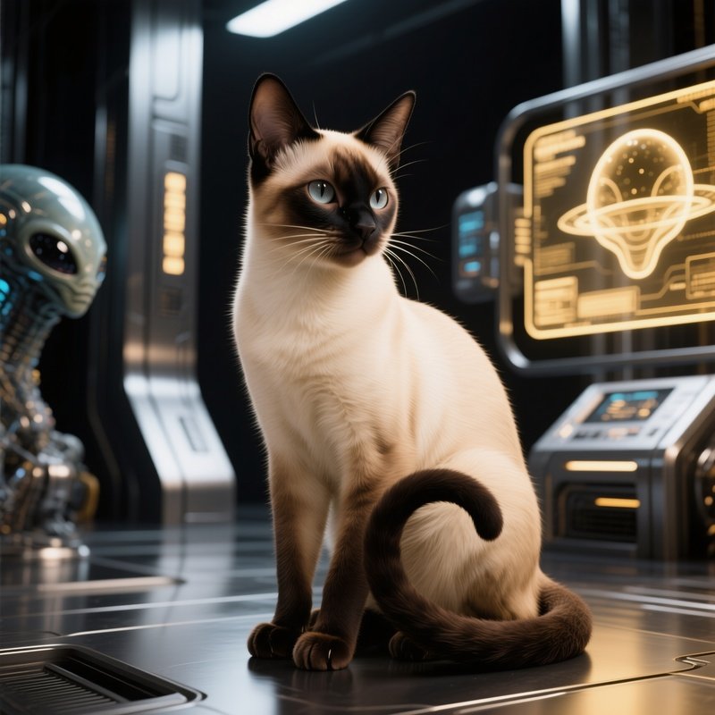Science Fiction Balinese Cat Sitting Tail Wrapped Paws