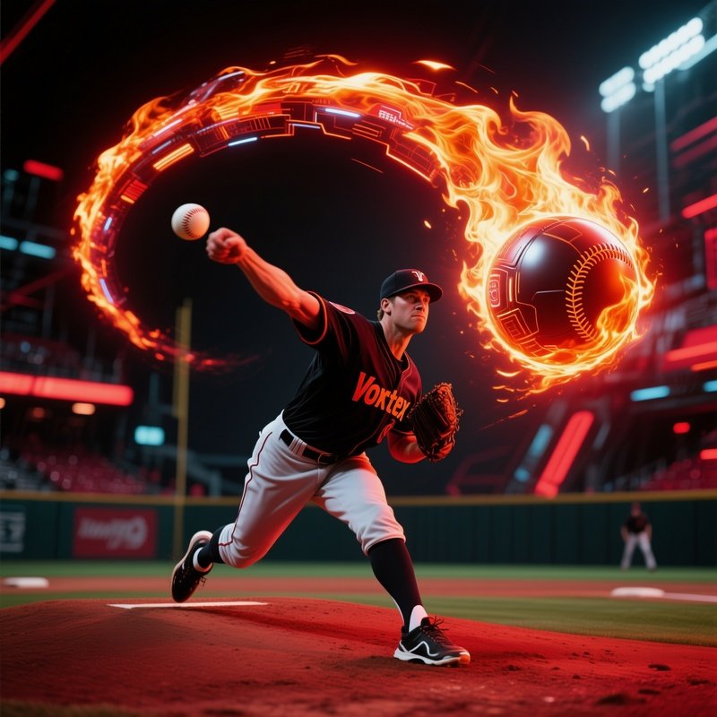 Science Fiction Baseball Pitcher Vortex Kane Throwing A Curveball Of Fire