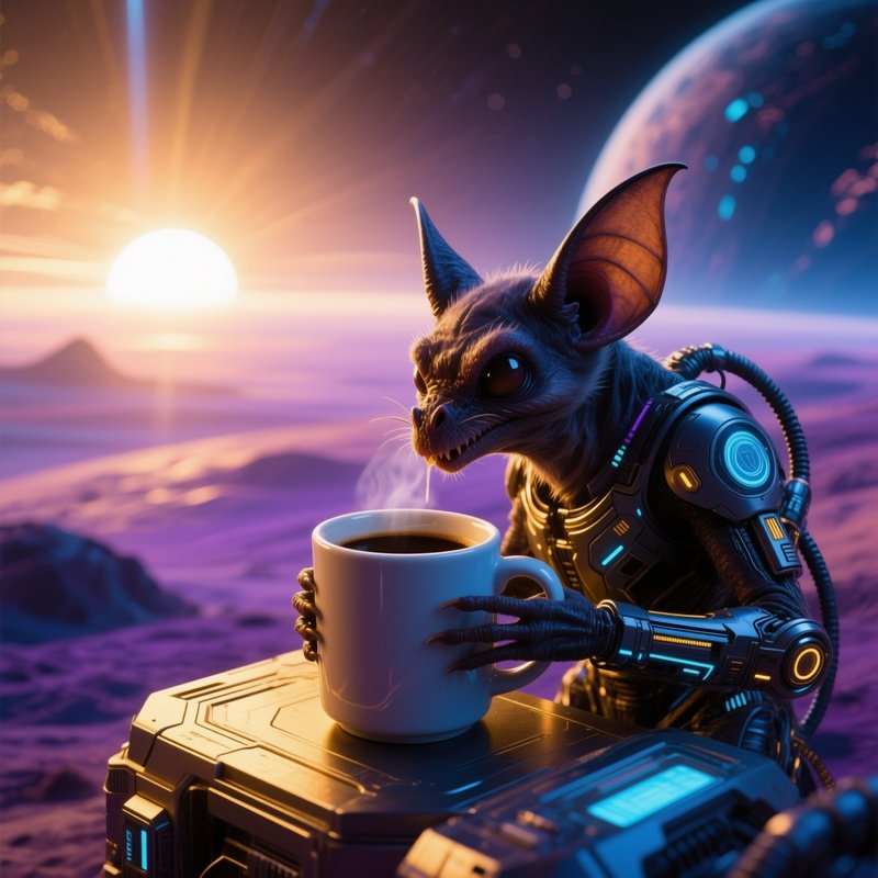 Science Fiction Bat Sipping Coffee At Sunrise