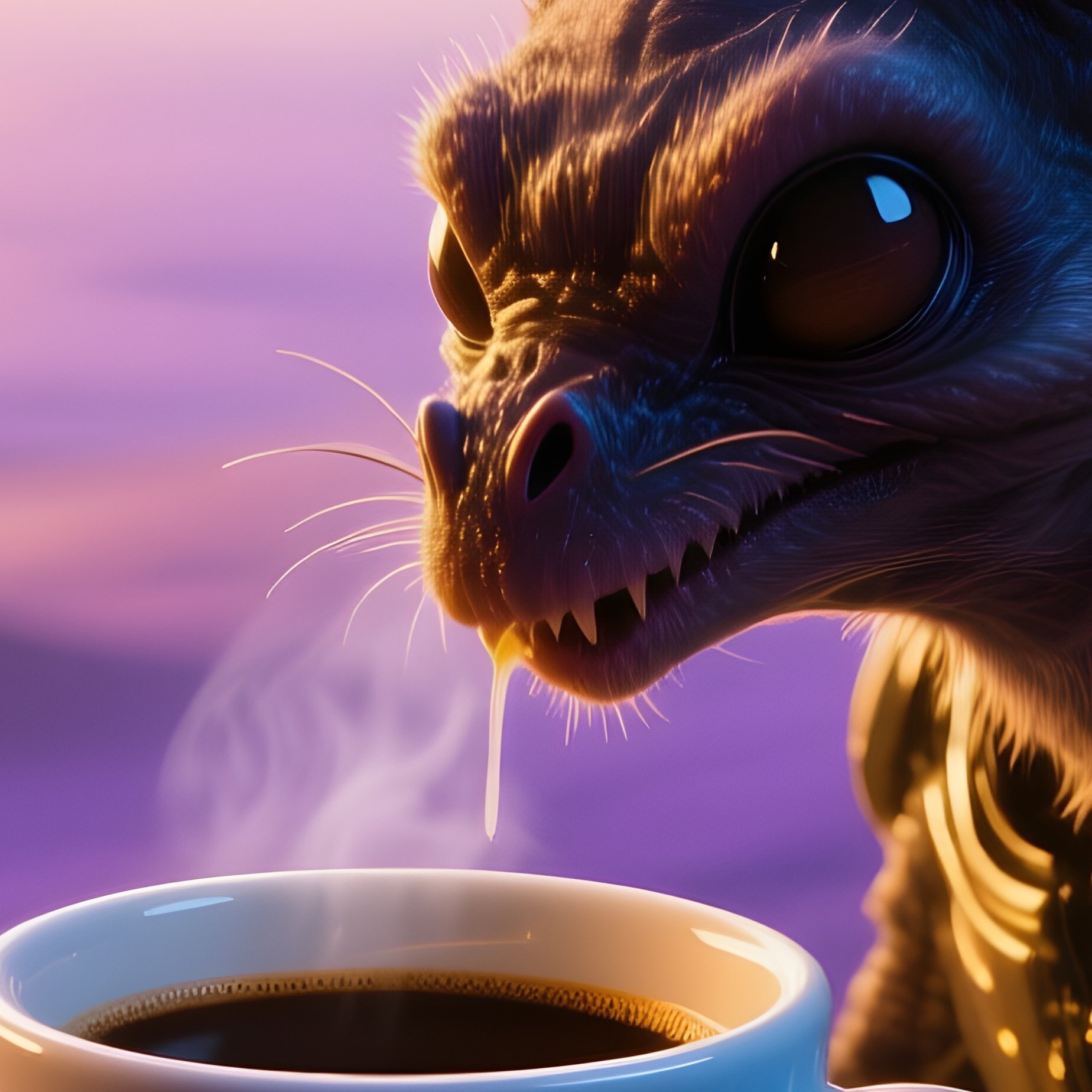 Science Fiction Bat Sipping Coffee At Sunrise - Full Resolution Quality Preview
