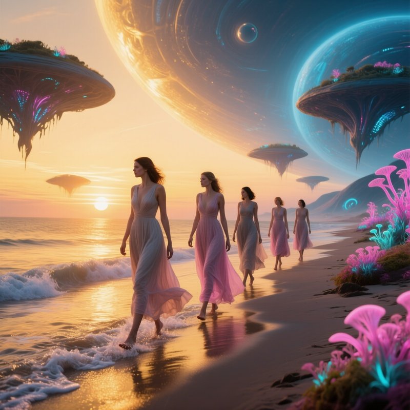 Science Fiction Beach Sunset Women Flowing Dresses
