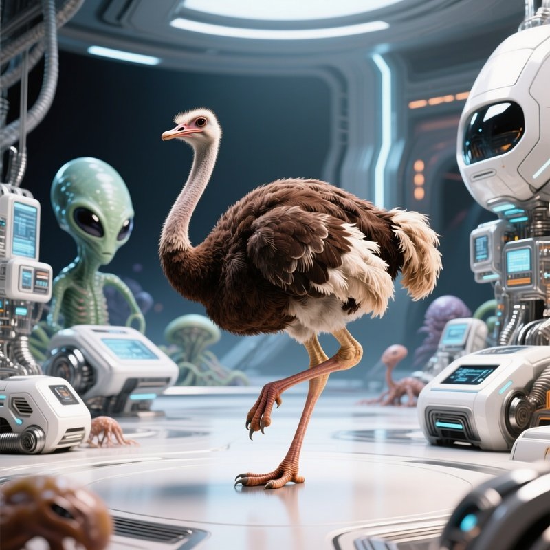 Science Fiction Bird Ostrich Balancing On One Foot