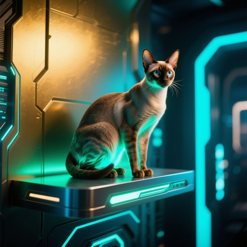 Science Fiction Cat Exotic Shorthair Perched On Top Of A High Shelf