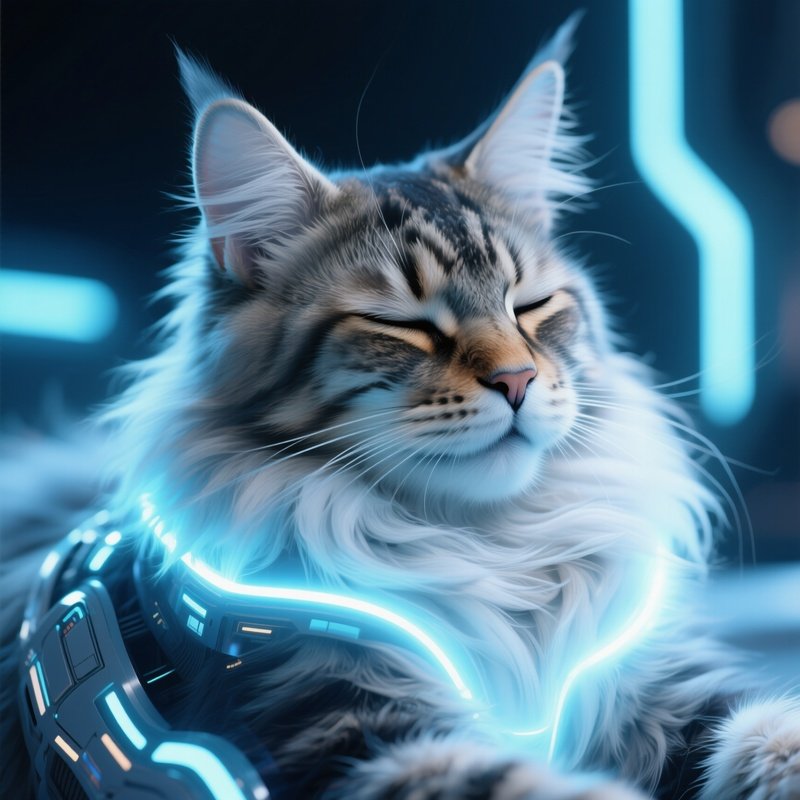 Science Fiction Cat Maine Coon Purring With Eyes Half Closed