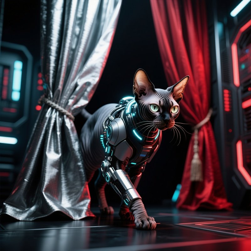 Science Fiction Cats Sneaking Between Curtains