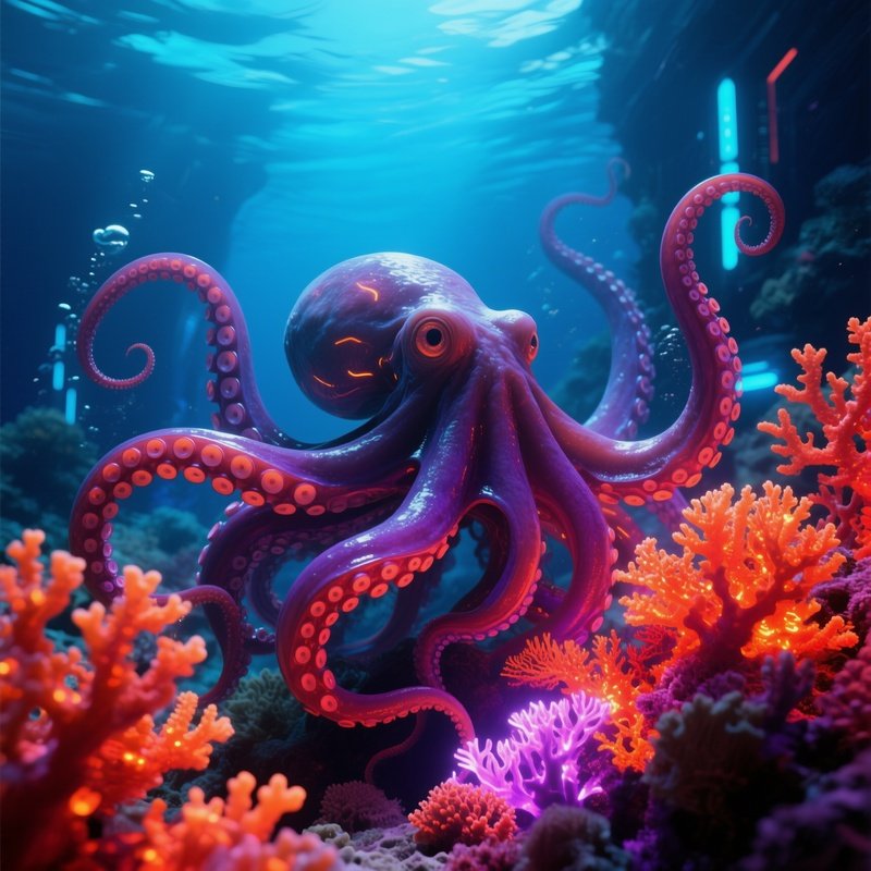 Science Fiction Giant Octopus Wrap Around Glowing Coral Reef