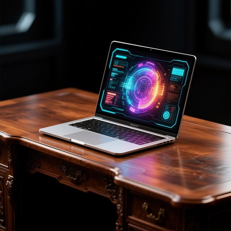 Science Fiction Laptop On Wooden Desk