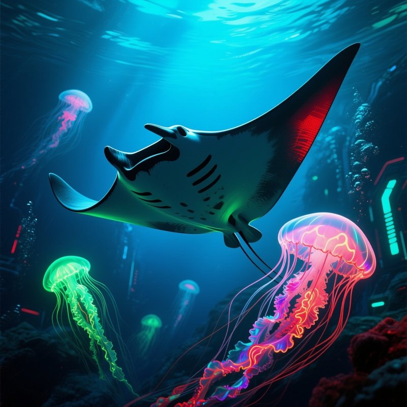 Science Fiction Manta Ray With Glowing Jellyfish