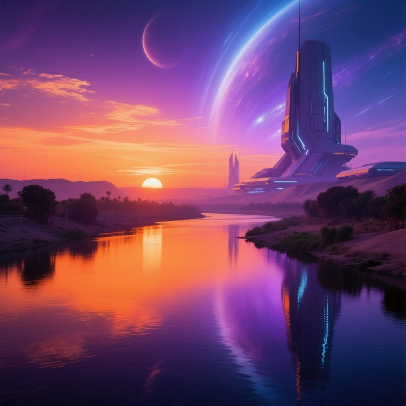 Science Fiction Nile Sunset Reflections Of Orange And Purple Skies