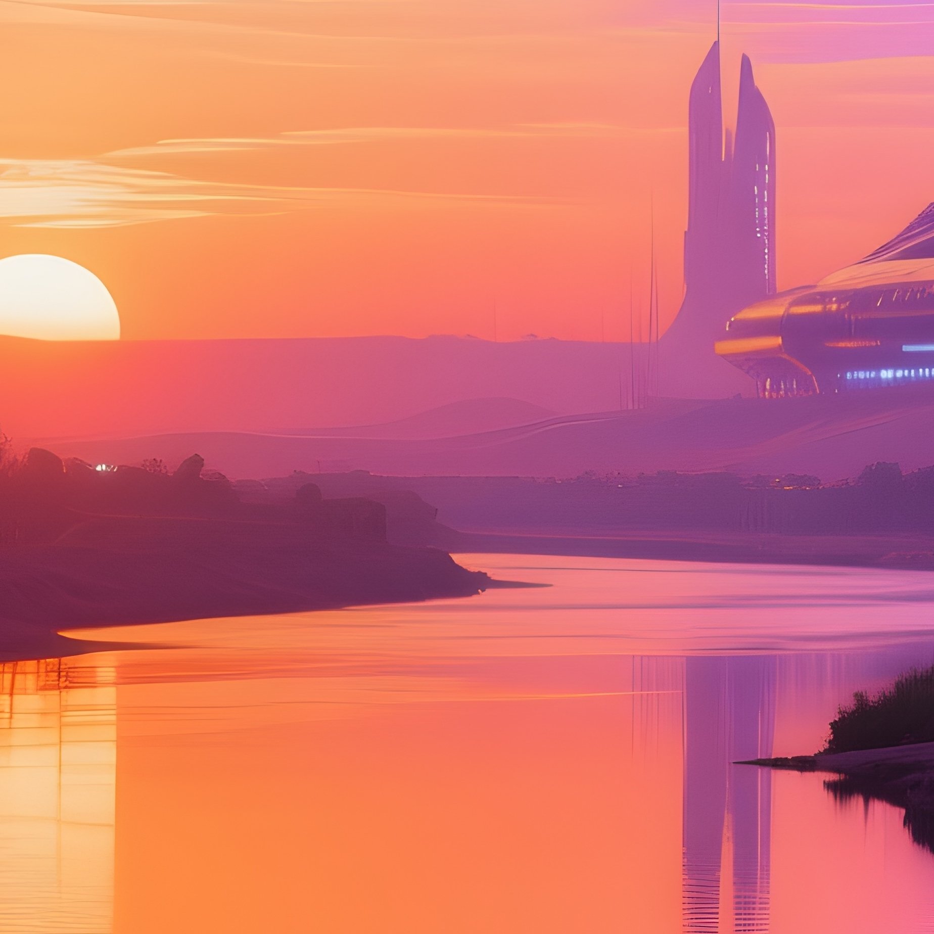 Science Fiction Nile Sunset Reflections Of Orange And Purple Skies - Full Resolution Quality Preview