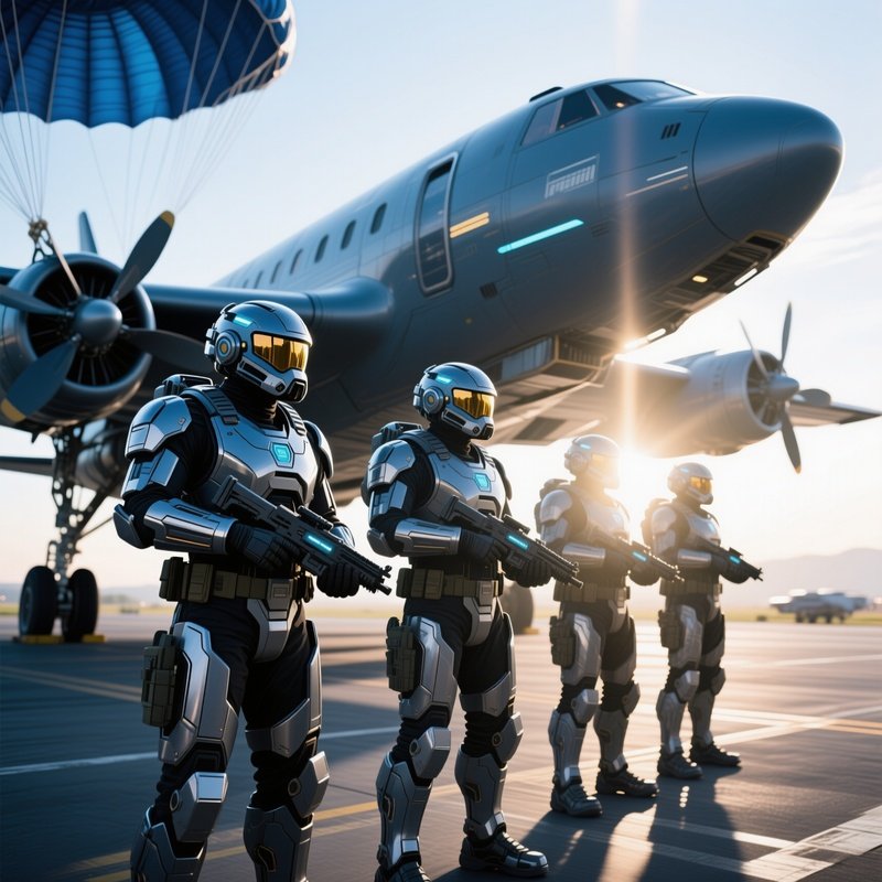 Science Fiction Paratroopers Ready By Plane