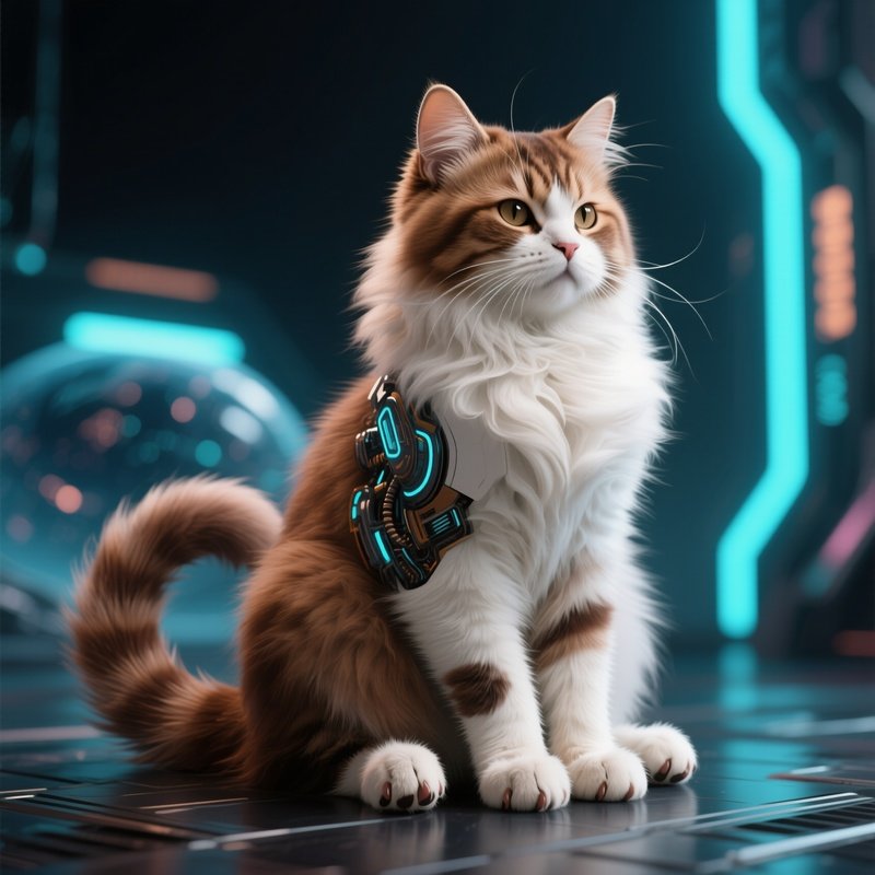 Science Fiction Persian Cat Sitting With Tail Wrapped Around Paws