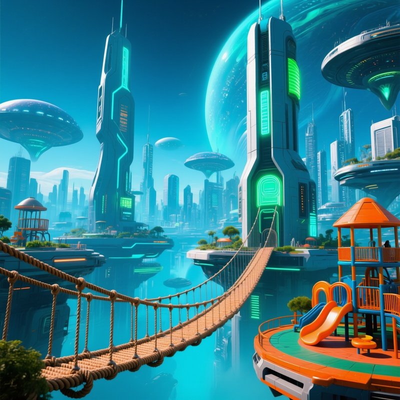Science Fiction Rope Bridge Playground Towers