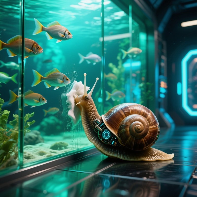 Science_Fiction_Snail_Cleaning_Glass_Wall_Fish_Swim_Behind