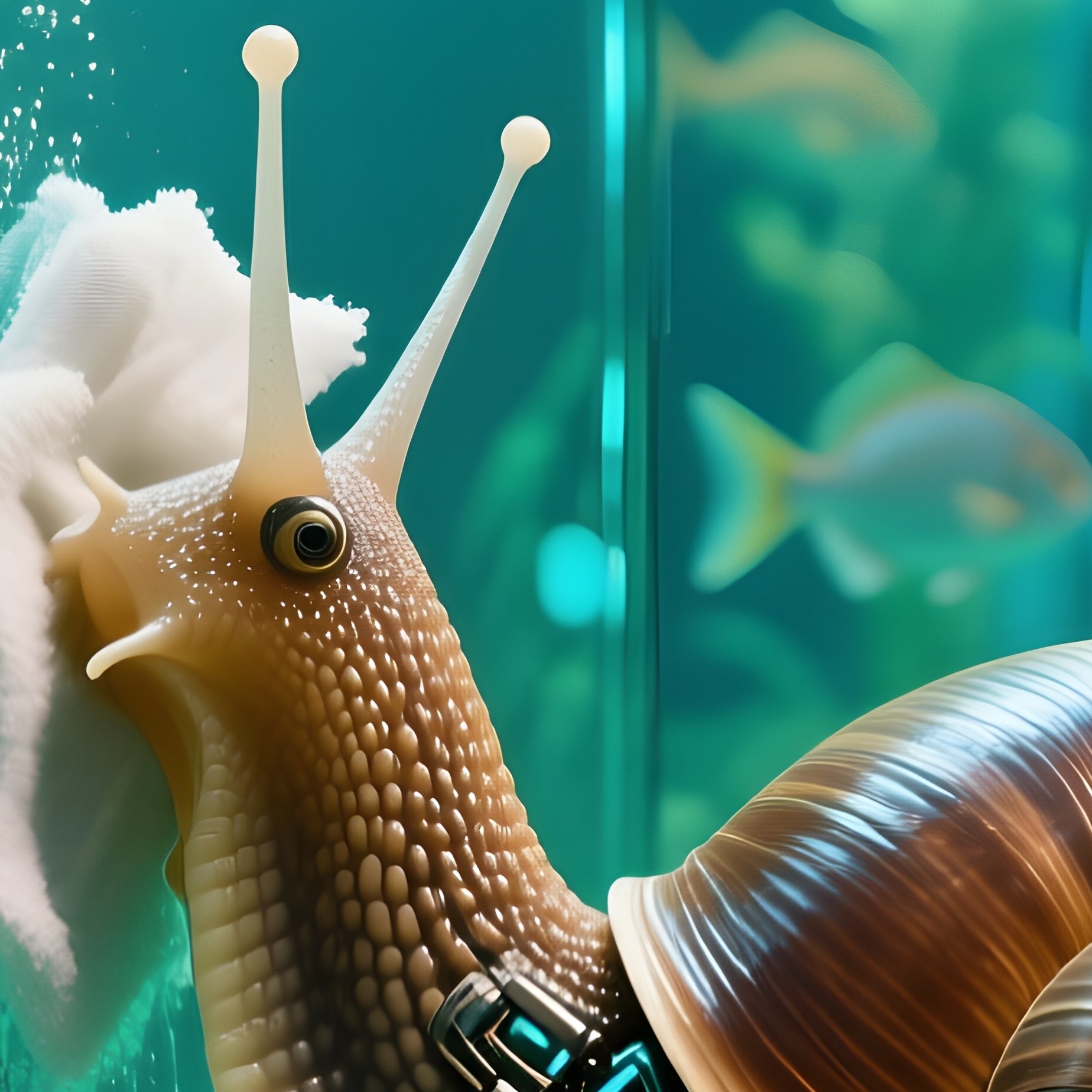 Science Fiction Snail Cleaning Glass Wall Fish Swim Behind - Full Resolution Quality Preview