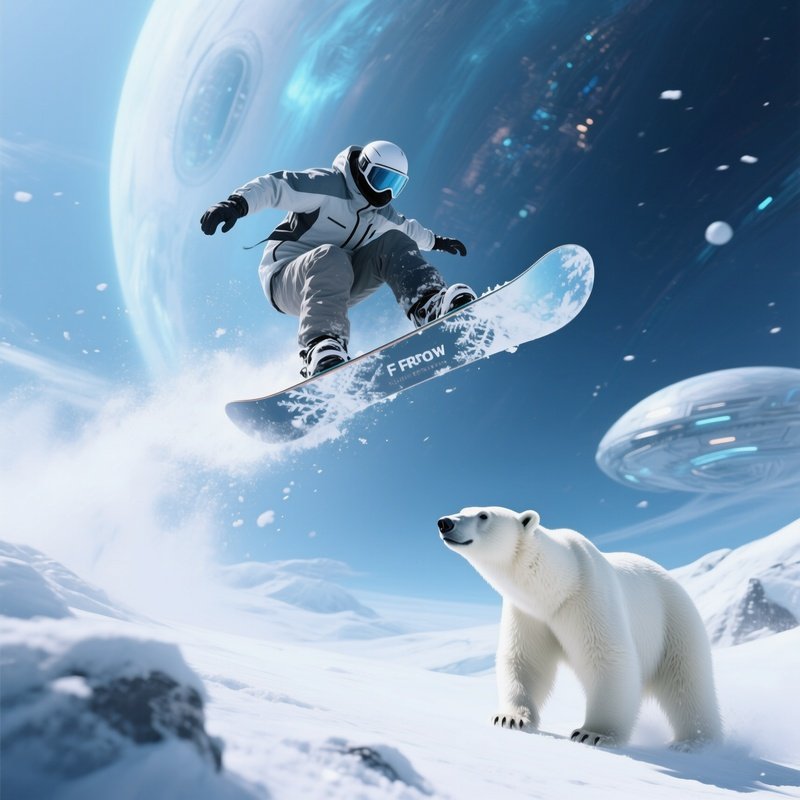 Science Fiction Snowboarder Frost Drifter Jumping Over Polar Bear