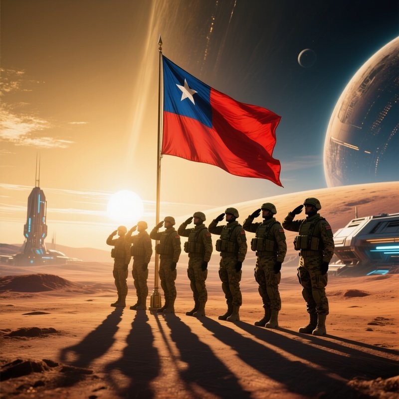 Science Fiction Soldiers Saluting National Flag At Sunrise