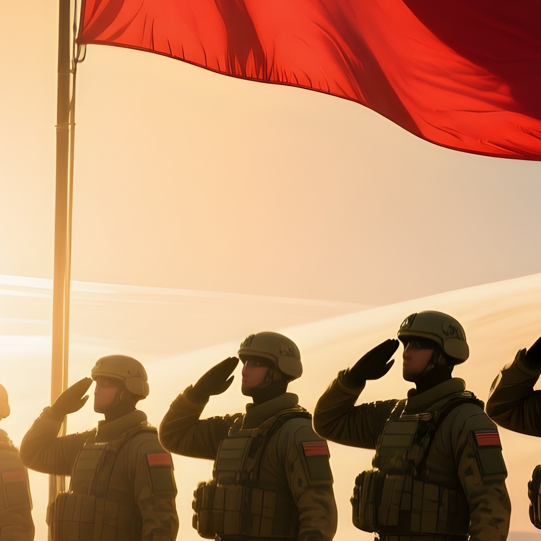Science Fiction Soldiers Saluting National Flag At Sunrise - Full Resolution Quality Preview
