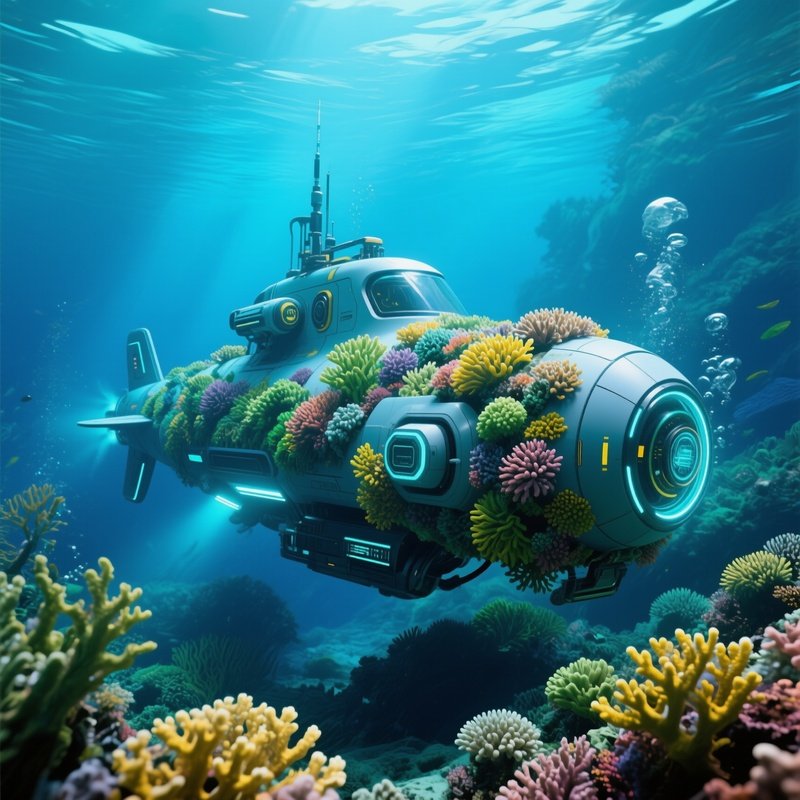 Science Fiction Underwater Coral Garden Robot Submarine