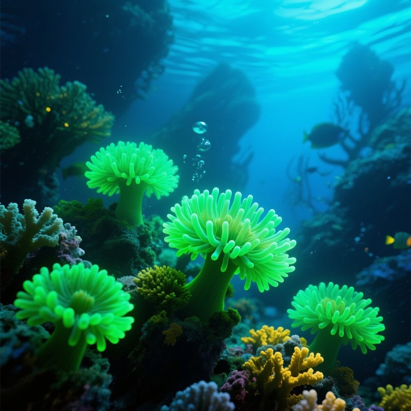 Science Fiction Underwater Coral Reef Neon Green Anemones