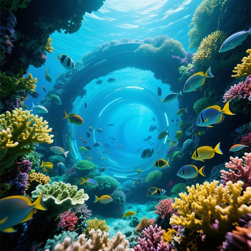 Science Fiction Underwater Coral Tunnel With Fish Rainbow Spiral