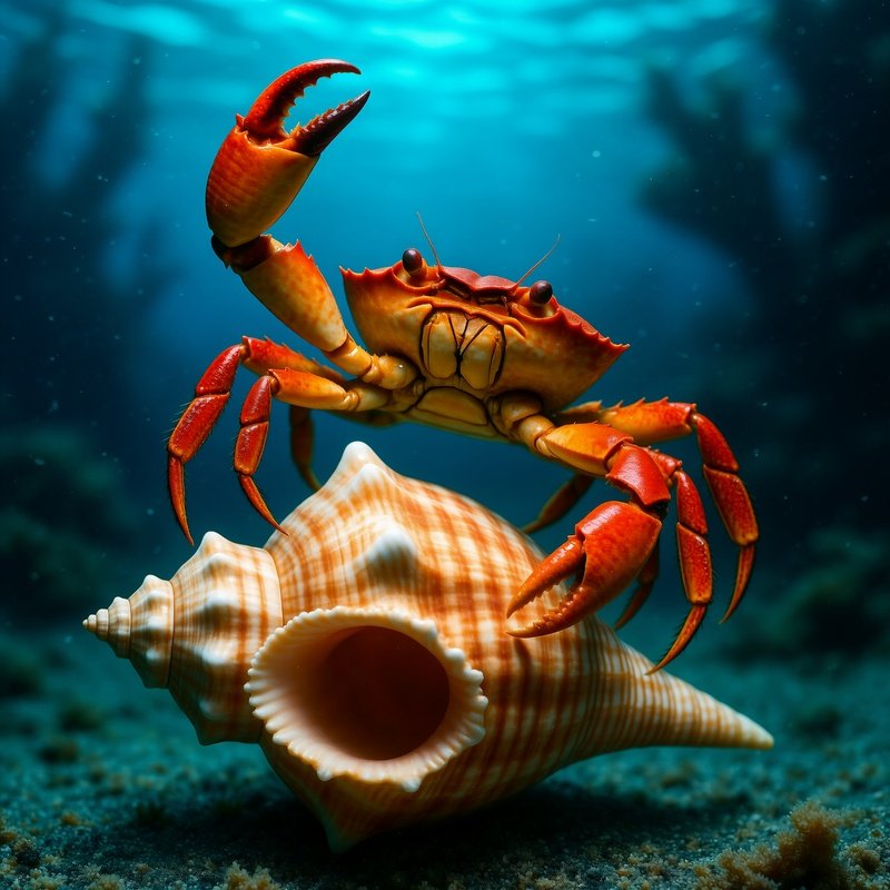 Science Fiction Underwater Crab Waving Conch Shell