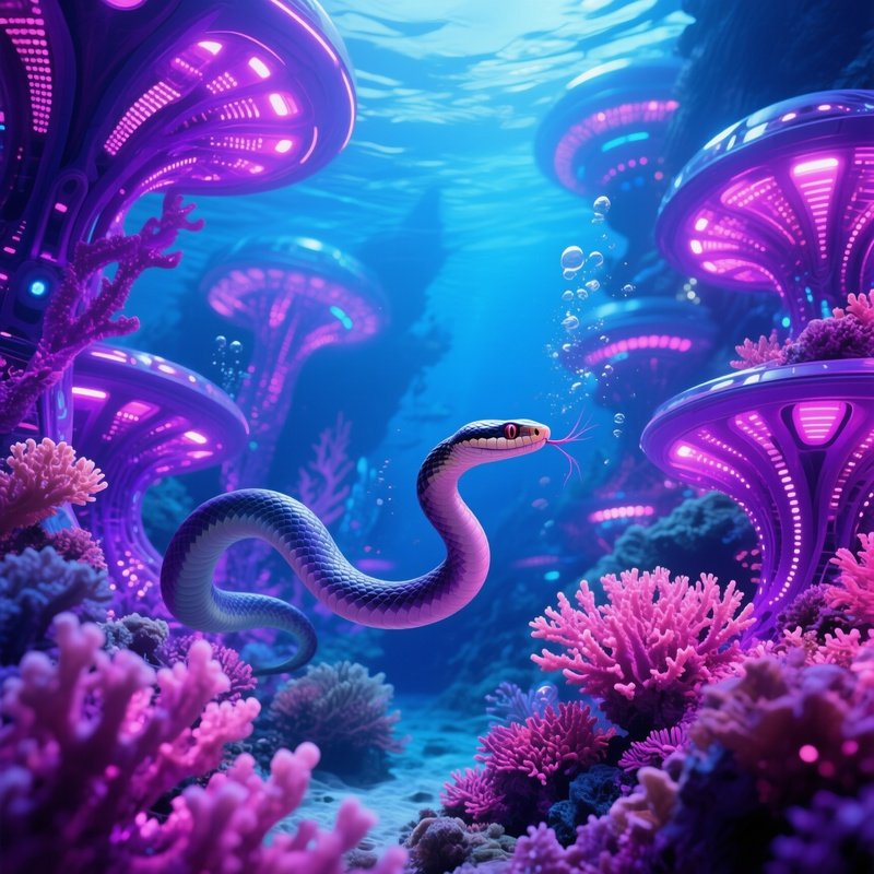Science Fiction Underwater Image Sea Snake Weaving Through Glowing Coral Tubes