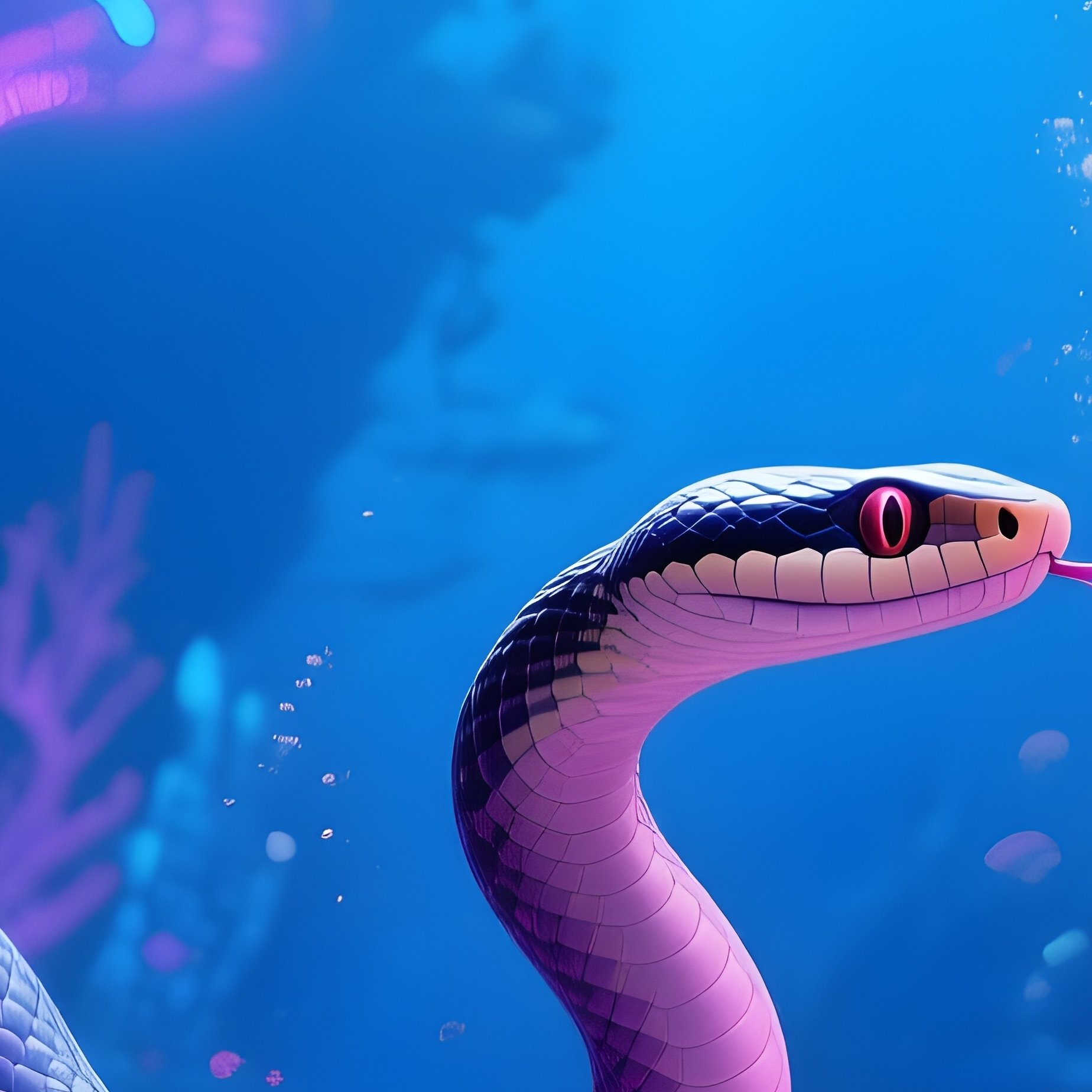 Science Fiction Underwater Image Sea Snake Weaving Through Glowing Coral Tubes - Full Resolution Quality Preview