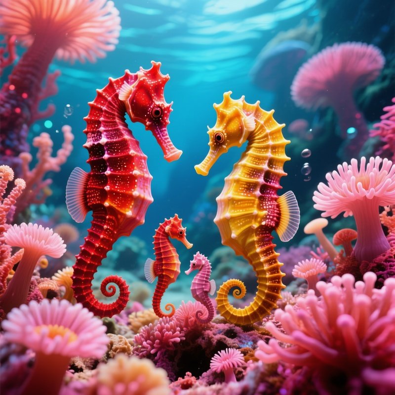 Science Fiction Underwater Image Seahorse Family Swimming Through Anemones