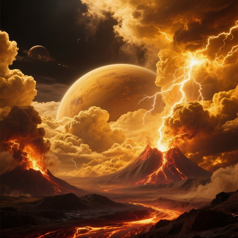 Science Fiction Venus With Golden Clouds Volcanic Lightning