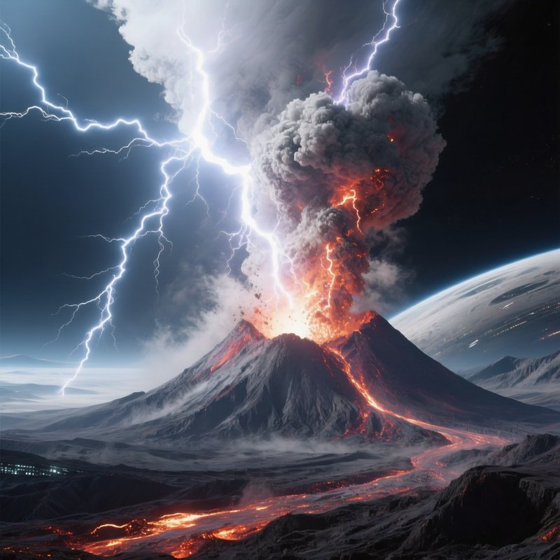 Science Fiction Volcanic Lightning Storm Inside Ash Cloud At Night