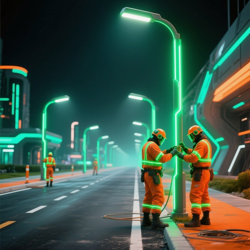 Science Fiction Workers In Neon Gear Installing Streetlights On New Road