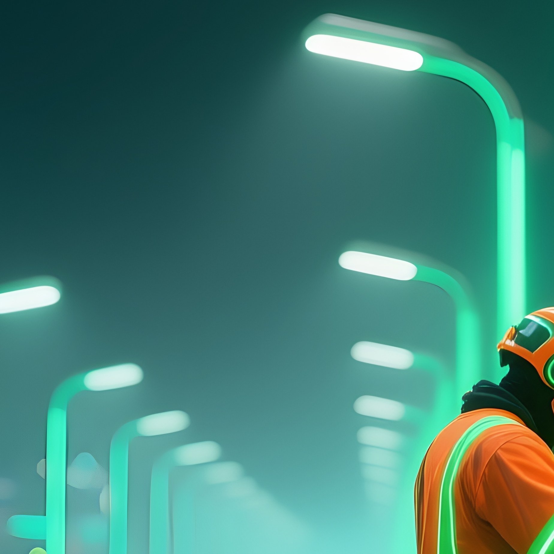 Science Fiction Workers In Neon Gear Installing Streetlights On New Road - Full Resolution Quality Preview