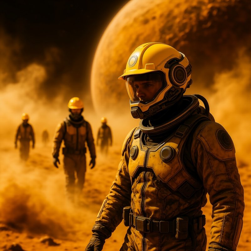 Science Fiction Workers Walking Through Dust