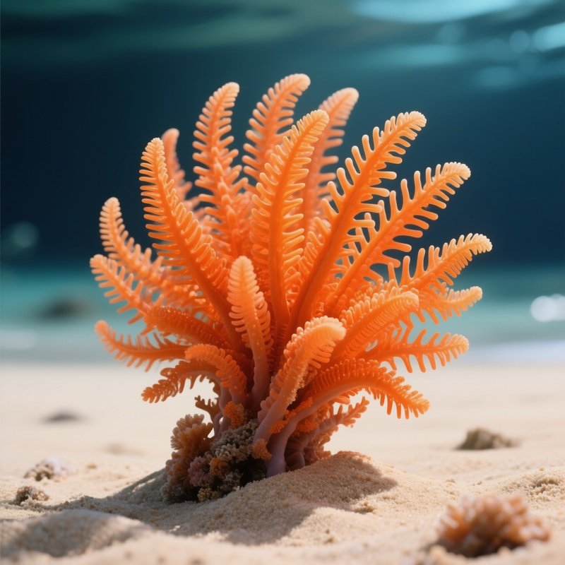 Sea Pen – Bright Orange Feathery Structure Anchored In Sand.