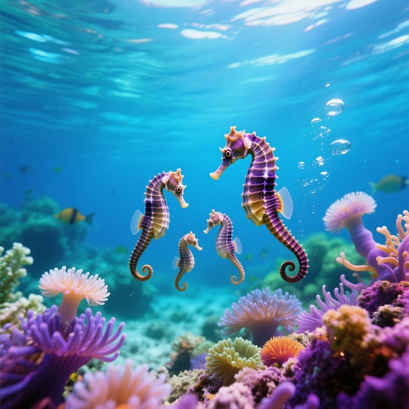 Seahorse Family Swimming Through Anemones Underwater Image