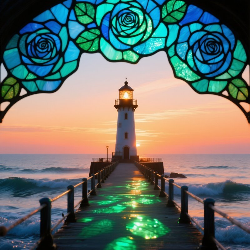 Seaside Pier Sunset Lighthouse Stained Glass Sea Roses