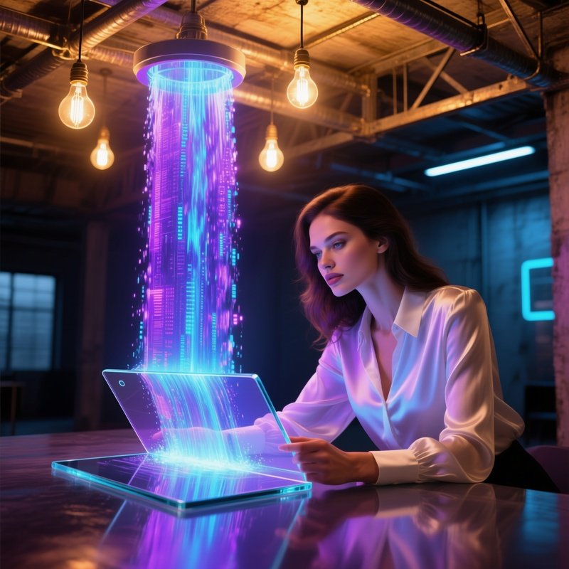 Seductive Tech Analyst With Holographic Data Tablet