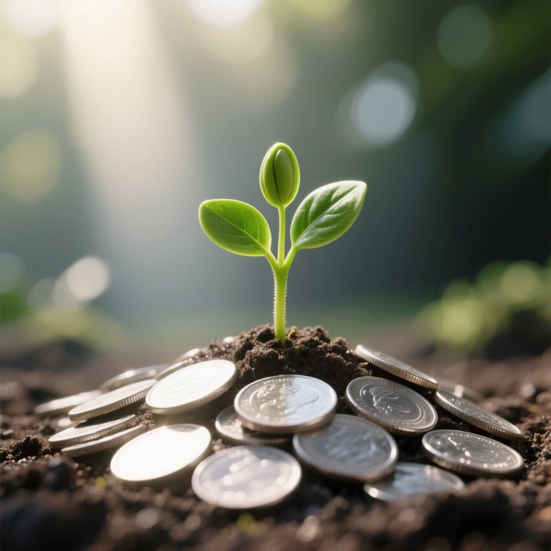 Seedling In Coins: A Small, Vibrant Green Plant Sprouting From A Mound Of Silver Coins, Symbolizing Investment And Organic Growth, With Natural Sunlight Filtering Through.