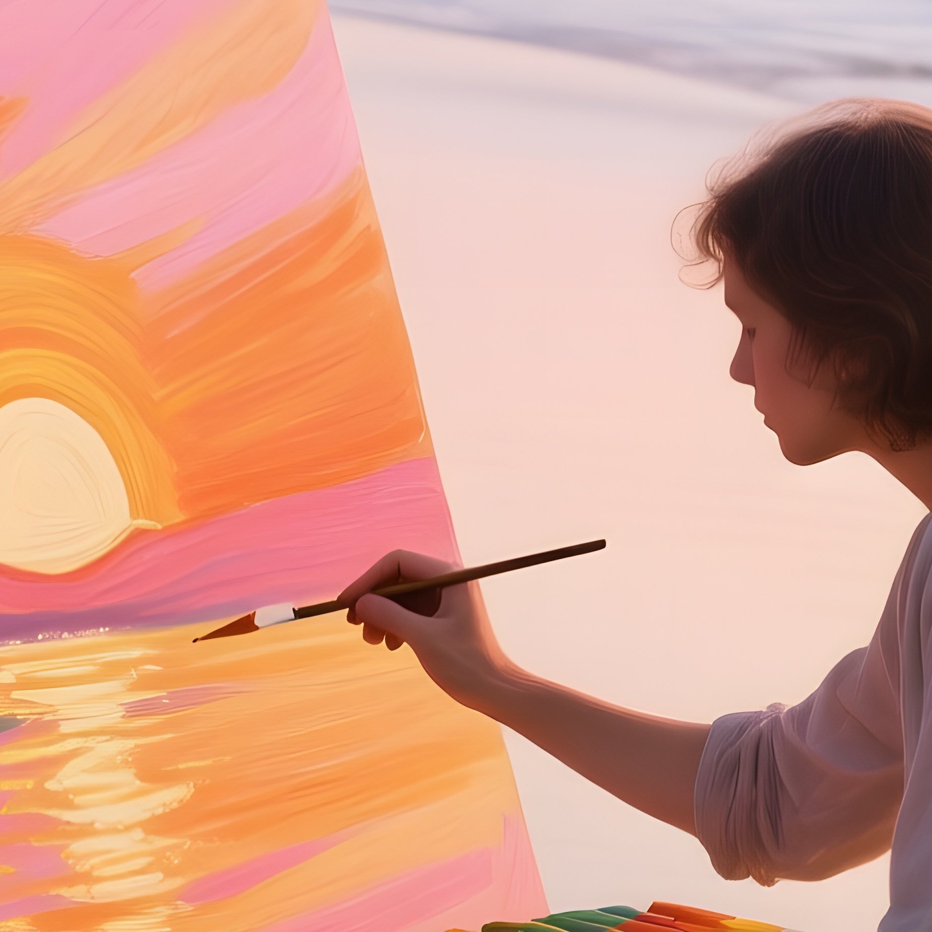 Serene Beach Dawn Artist Painting Sunrise On Driftwood - Full Resolution Quality Preview