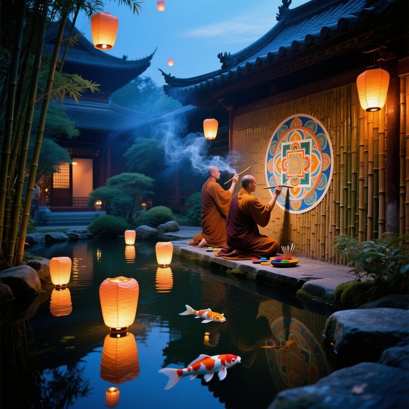 Serene Buddhist Temple Garden At Twilight