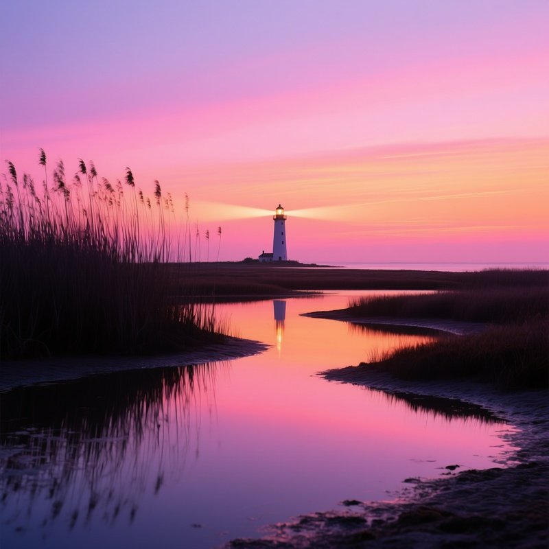 Serene Coastal Marsh At Sunset Tidal Pools Reflections Lighthouse Beacon